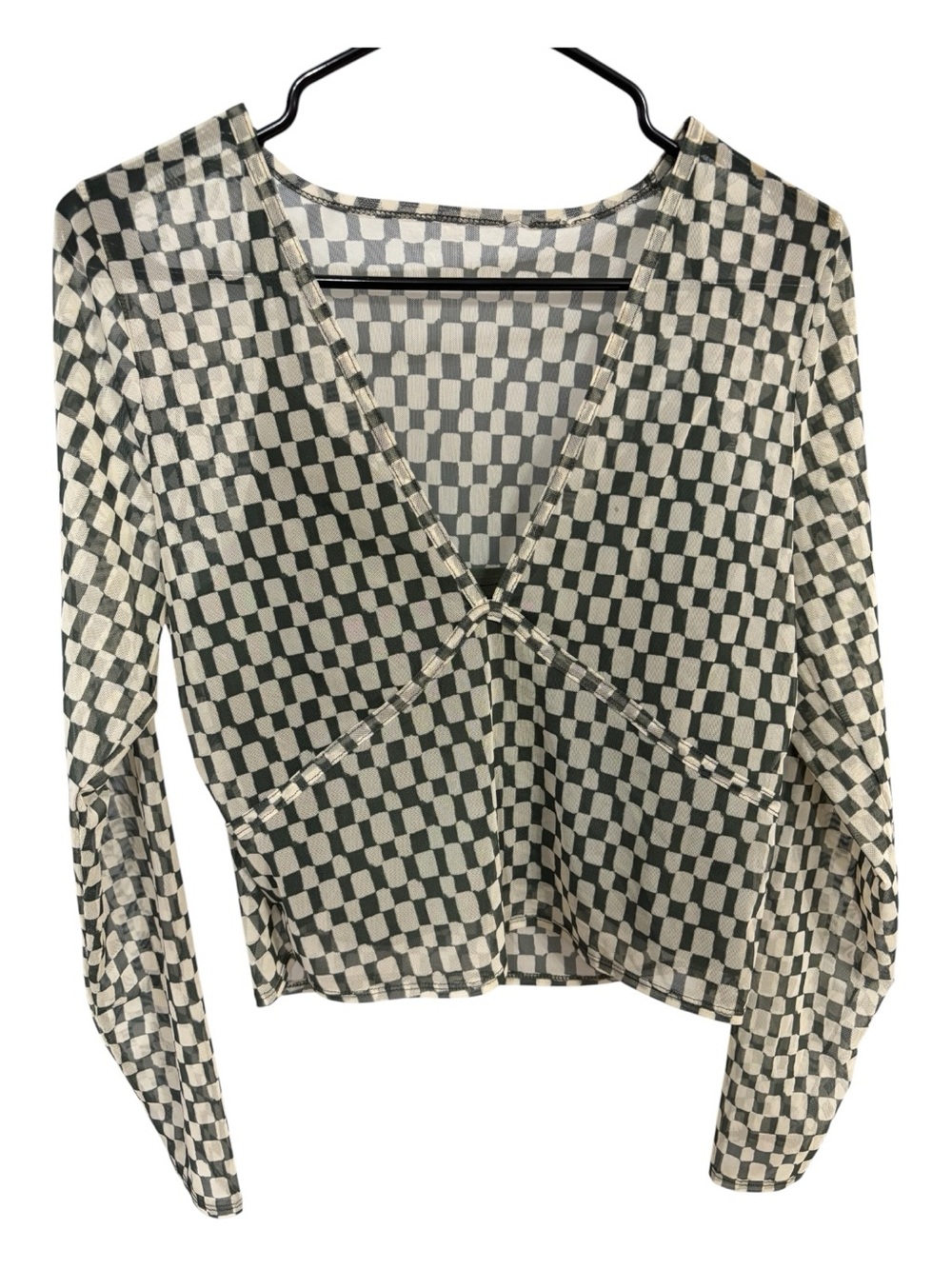 Abercrombie & Fitch Olive Green & Cream Checker V-Neck Long Sleeve Sheer Top L